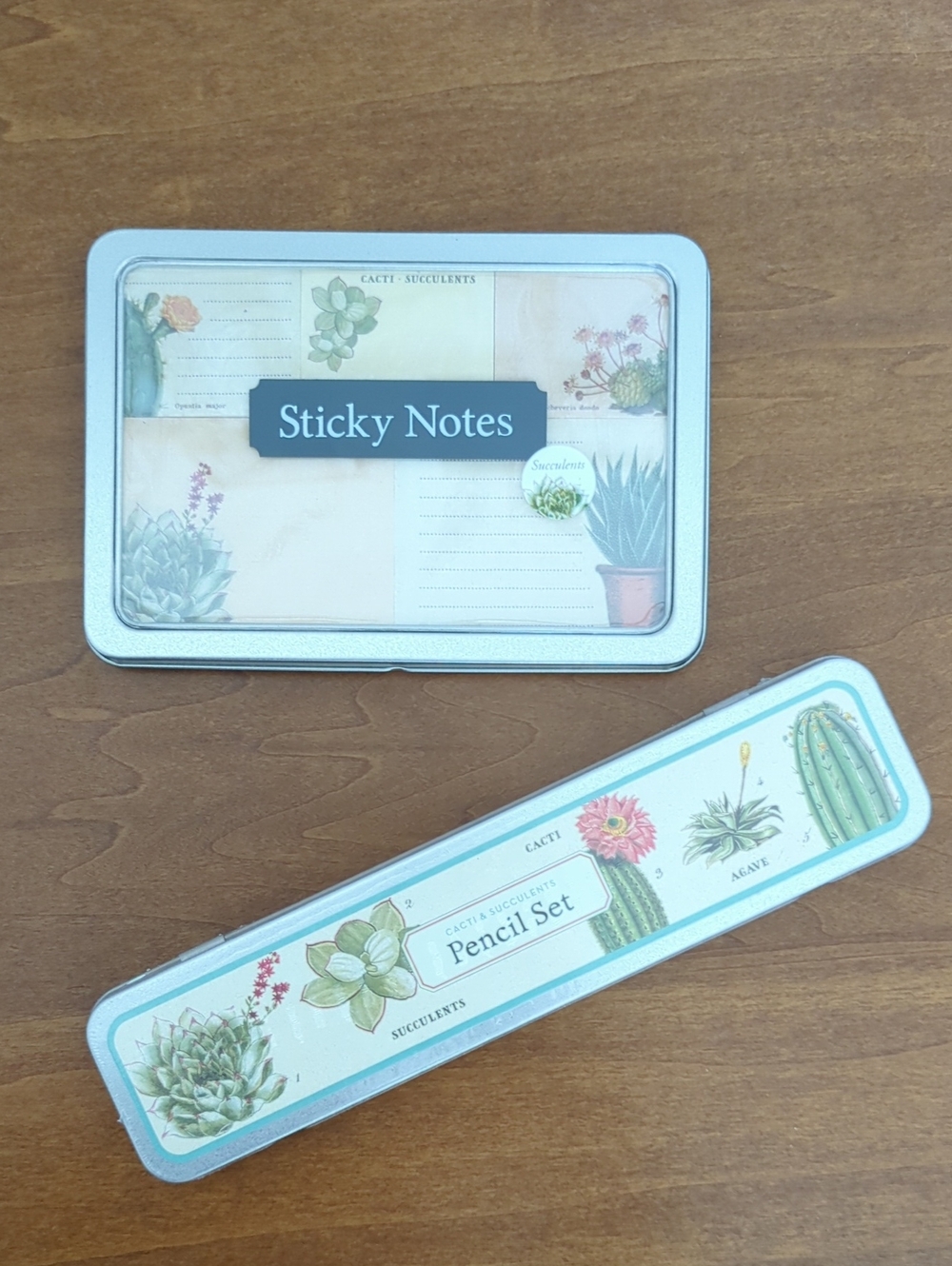 Succulent Pencil Set & Sticky Notes Tin - Floral Green